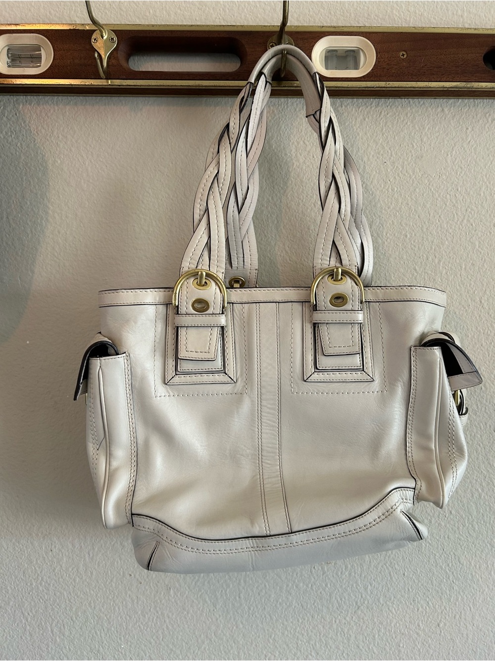 Coach Cream Braided-Handle Leather Shoulder Bag